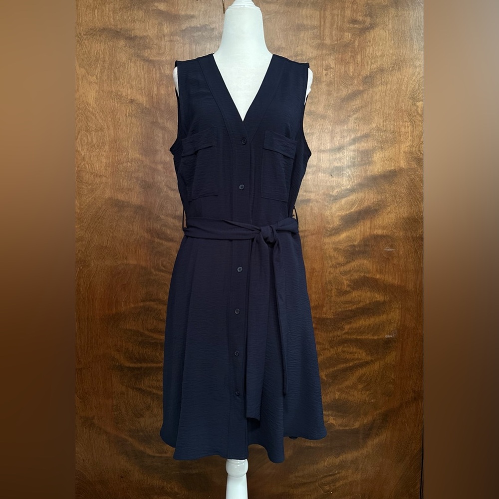 DKNY Sleeveless Belted Utility Dress Womens 16 Navy A-Line Button Front A-Line